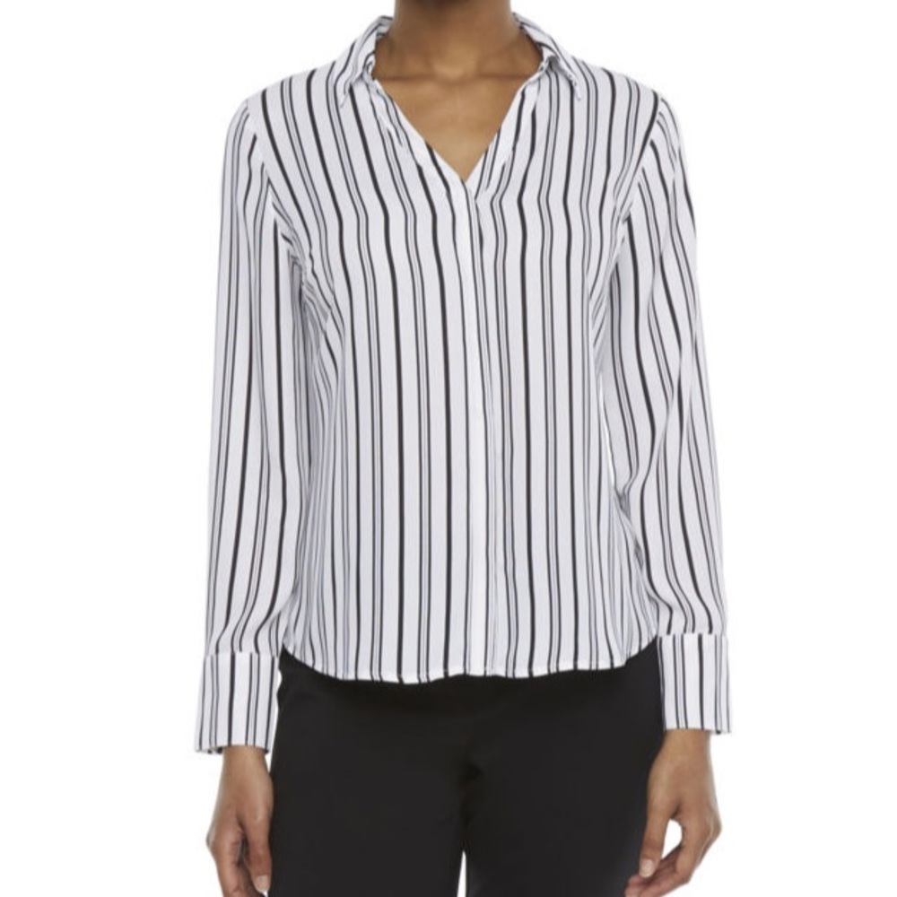 Worthington Tall Large Black White Stripe Chiffon Button-Up Blouse Workwear NWOT